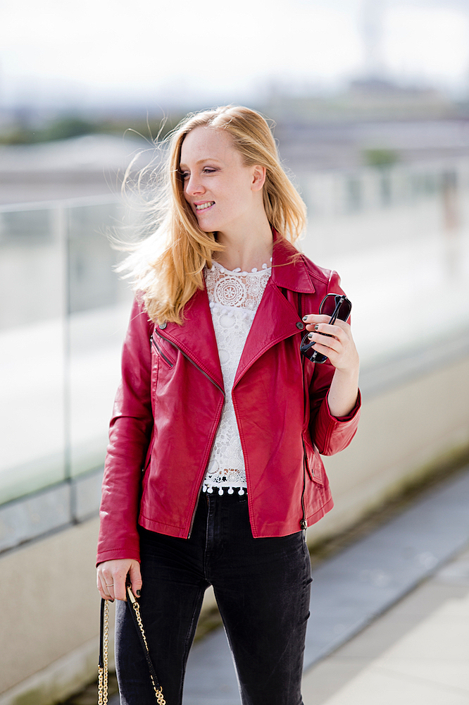 pompom top red leather jacket louboutins pigalle