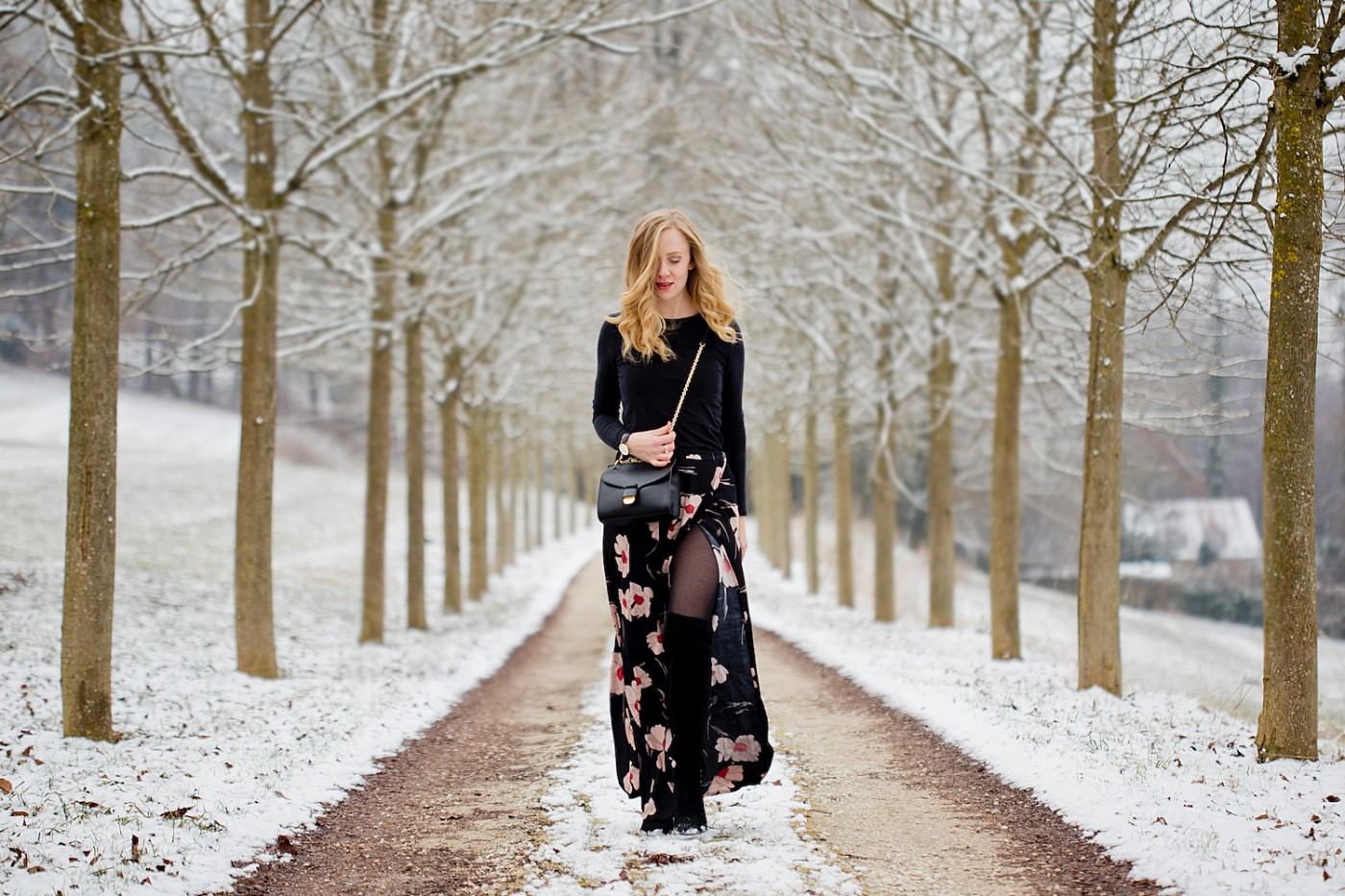 Stefanel Flower Skirt _ black Coccinelle bag _ floral winter outfit _ winter look