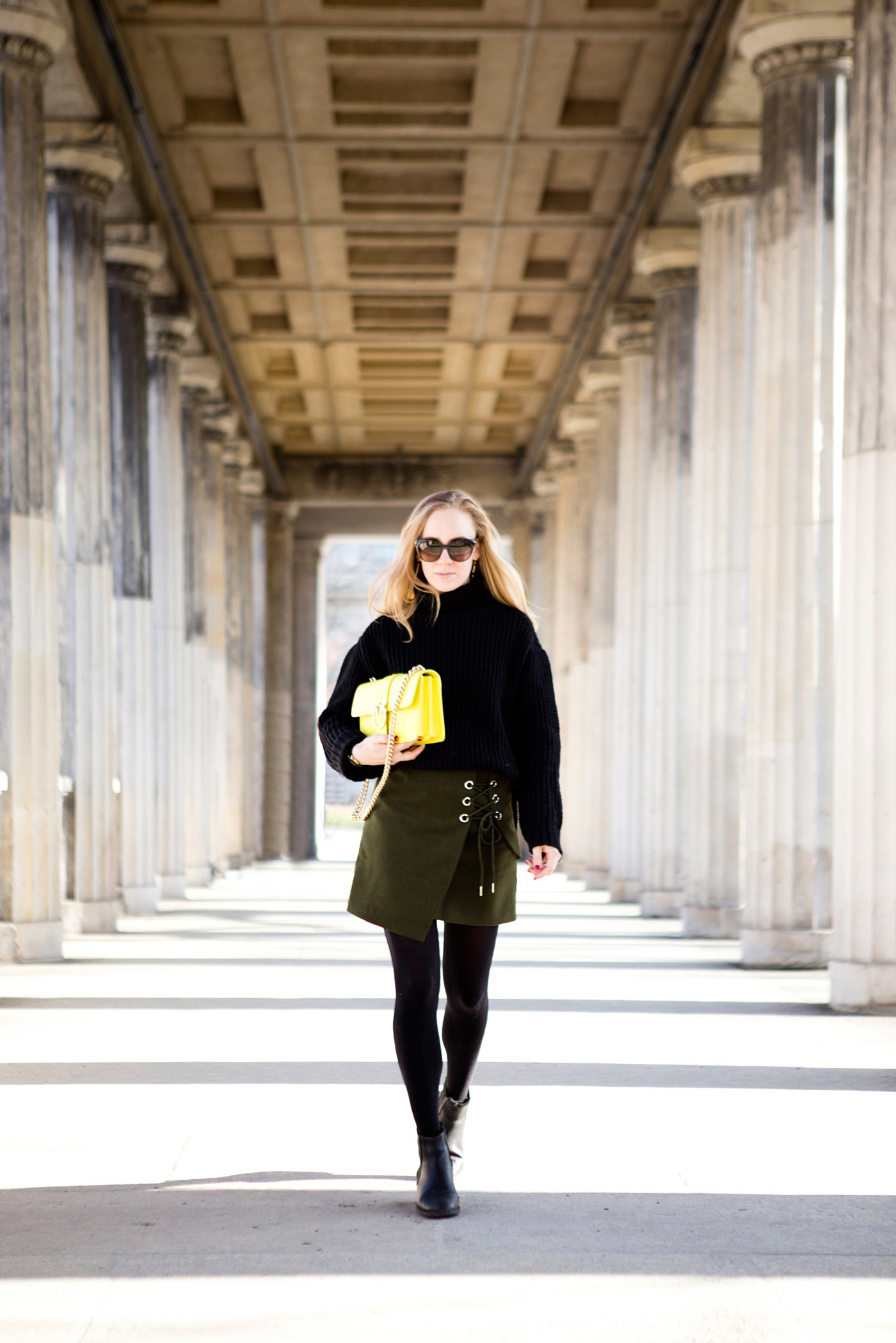 the golden bun - olive suede leather skirt chicwish, pinko love bag, madeleine issing jewelery
