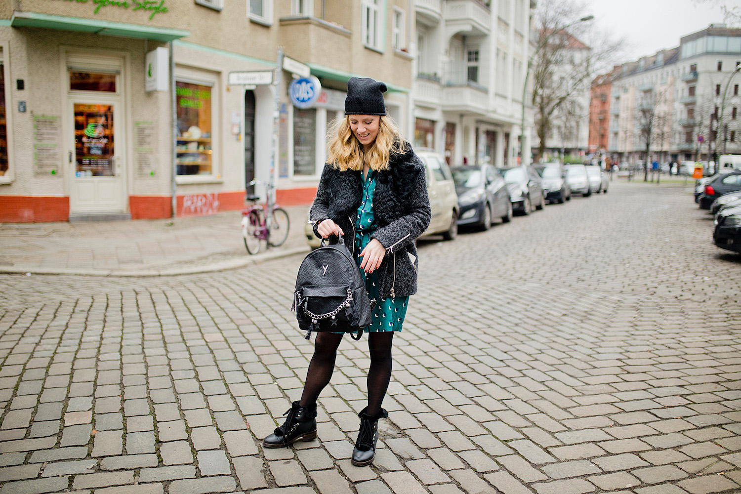 pyjama silk dress biker jacket winter boots berlin blogger