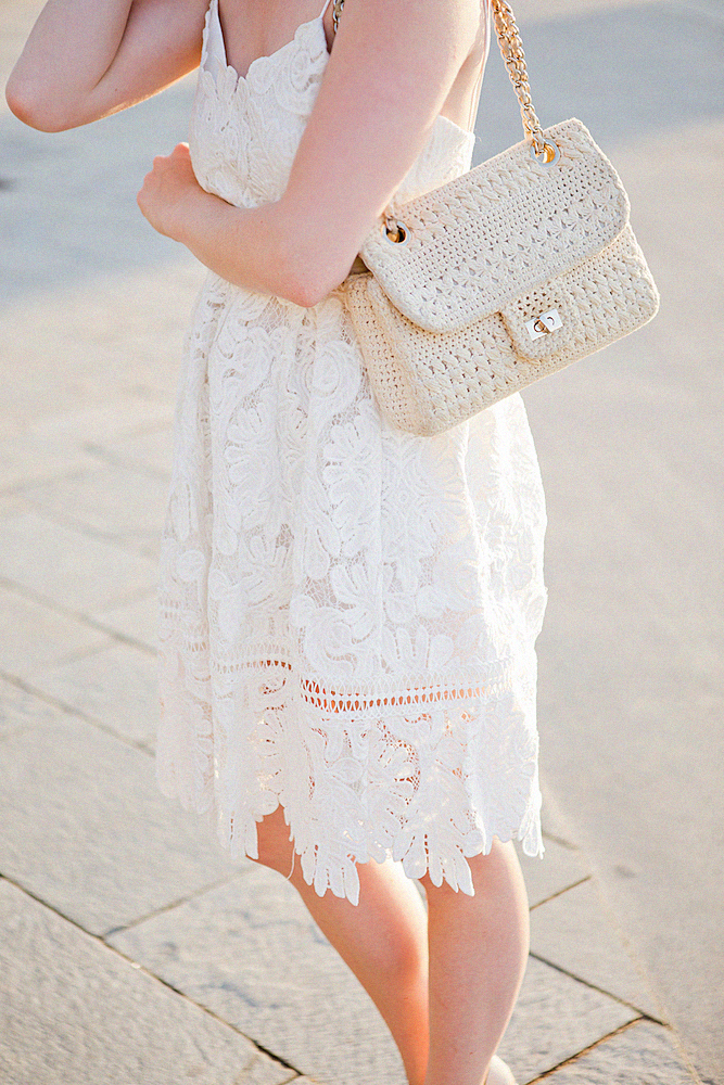 Early morning in Barceloneta Chicwish lace dress, summerly wedges