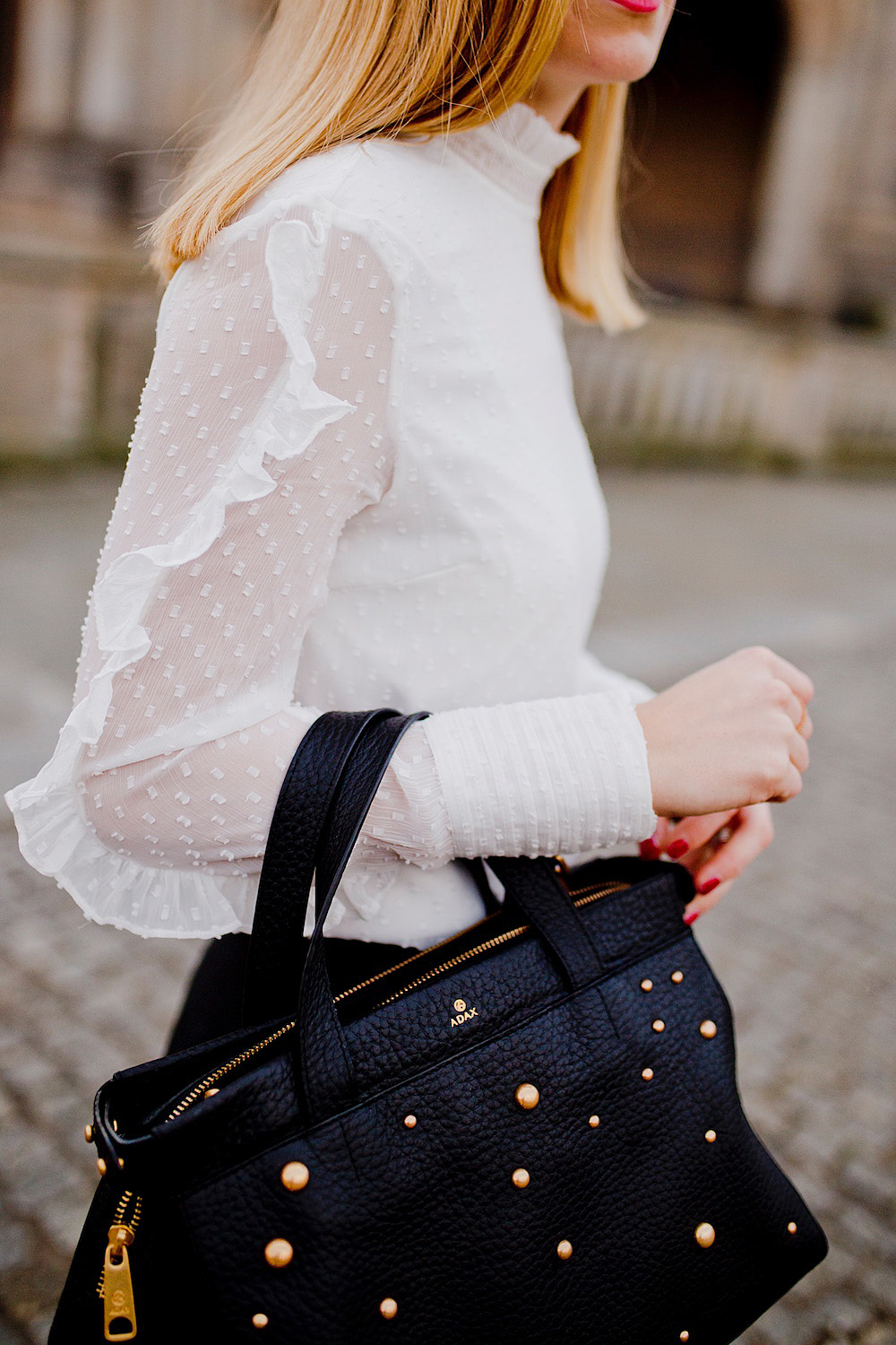 adax bag white blouse business look louboutins